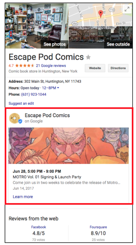 Escape Pod Comics listing with example of a Google Post