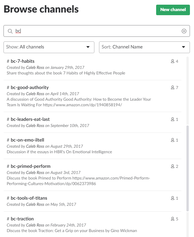 list of Slack channels for book club discussion