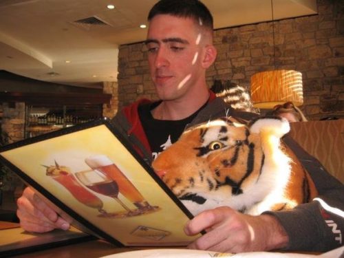 Jeremy ordering dinner with a stuffed tiger