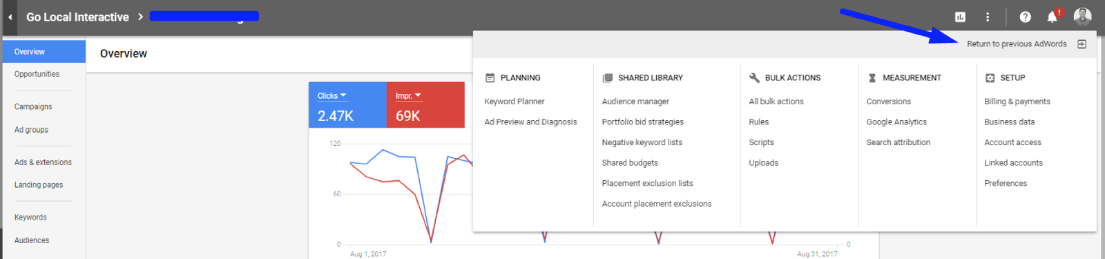 Google AdWords dashboard showing how to return to the old UI