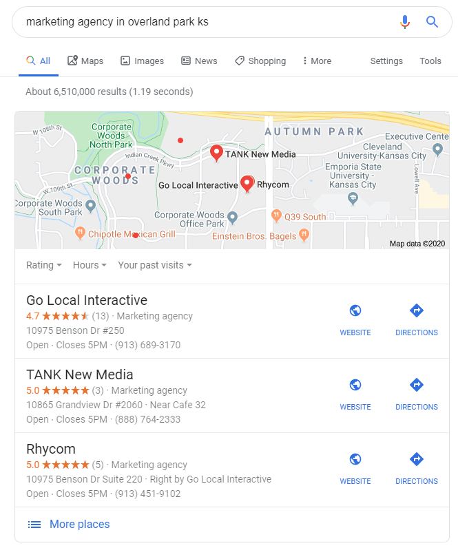 SERP result showing Google Map Pack