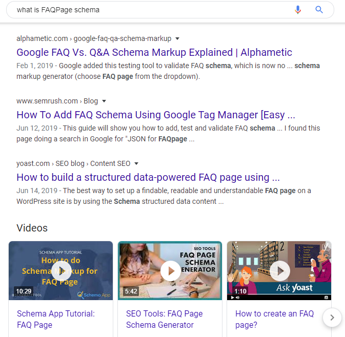 A traditional Google SERP result example showing a list of websites and video results
