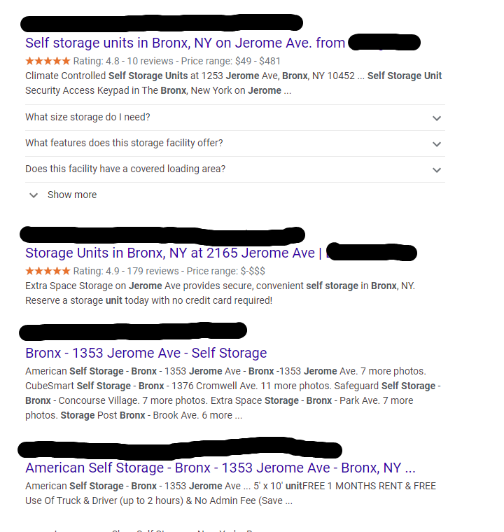 A typical Google SERP showing results for self storage facilities in the Bronx