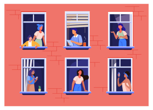 Clipart of six people looking out of apartment building windows.