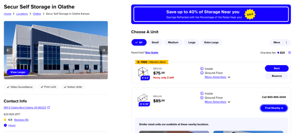 Screenshot of a self storage facility web page