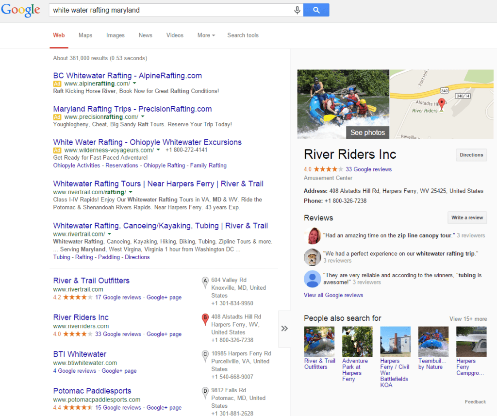 White Water Rafting Maryland search on Google