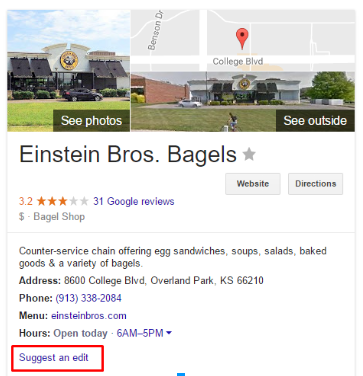 Einstein Bros. Bagels Google listing