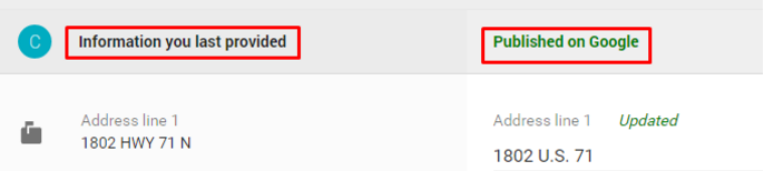 "Information you last provided" "Published on Google"