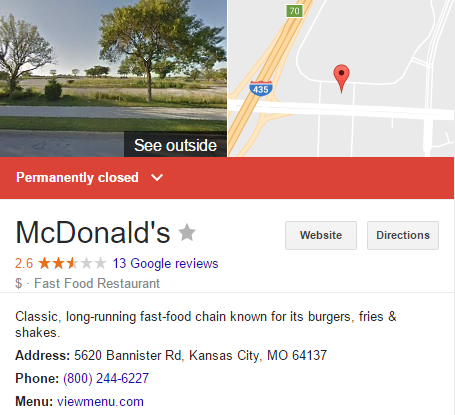 Permanently Closed Google listing for McDonald's