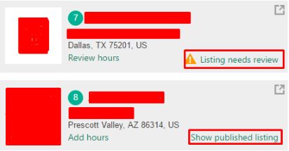 Bing Business listings "Listing needs review" "Show published listing"