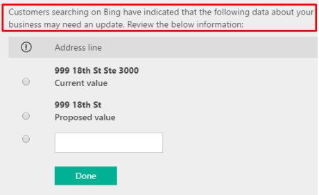 Bing Business Listing "Customers searching on Bing have indicated that the following data about your business may need an update. Review the below information"