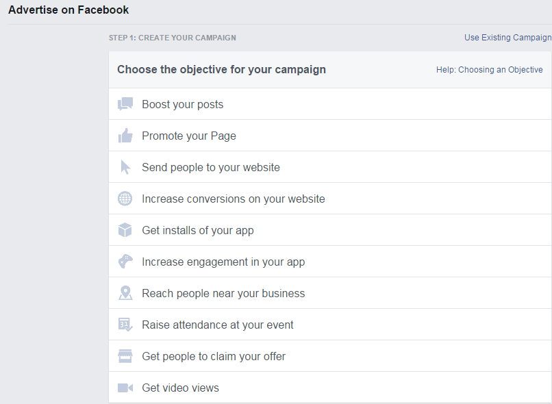 Advertise on Facebook. Step 1: Create your campaign example 